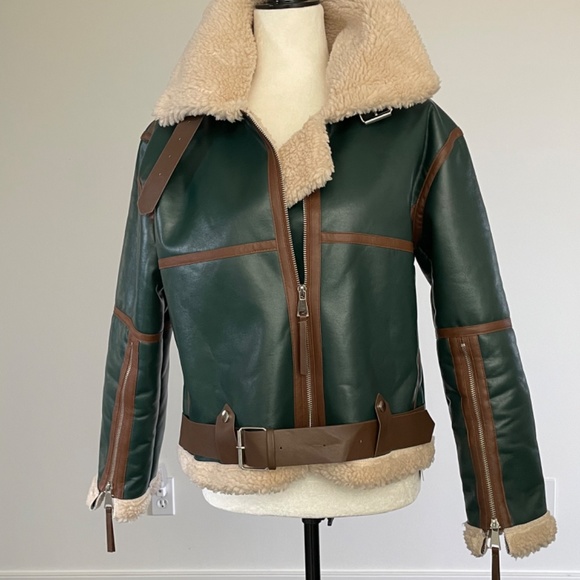 Bida Faux Shearling/Leather Green & Brown Bomber Jacket. Size M - Picture 12 of 16
